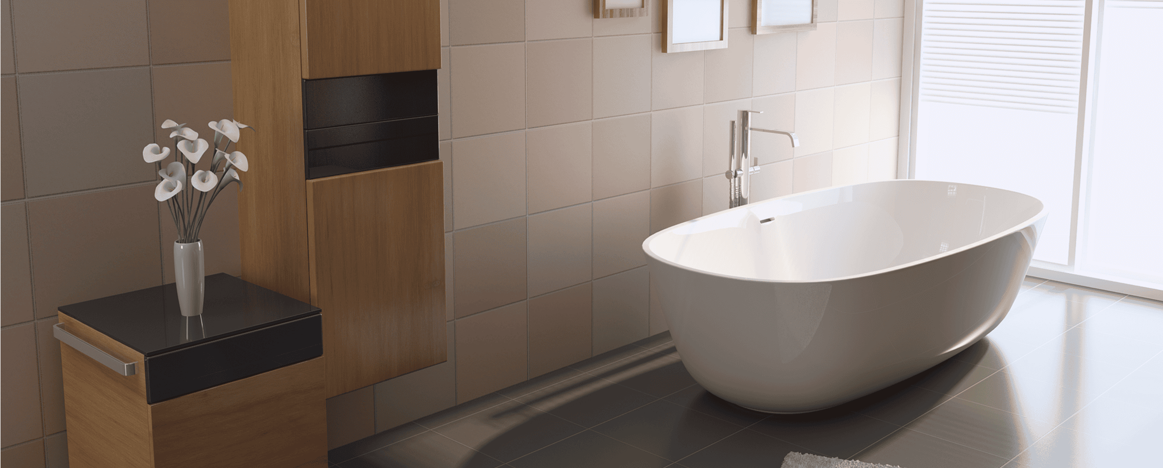 Modern bathroom with freestanding bathtub and decor.